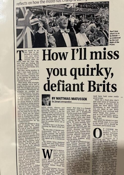 Zeitungsausschnitt aus dem Evening Standard: "How I'll miss you quirky defiant Brits."